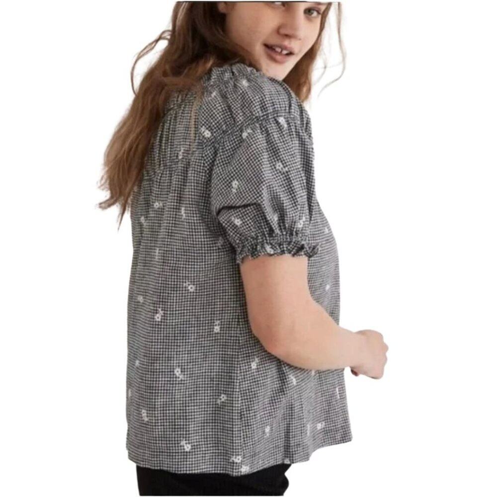 Madewell Embroidered Gingham Shirred Puff-Sleeve Top M - Picture 2 of 12